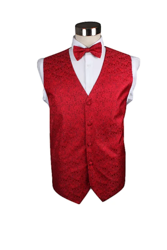 Men's tie with geometric patterns for corporate events-Mens Red Paisley Patterned Vest Waistcoat & Matching Bow Tie