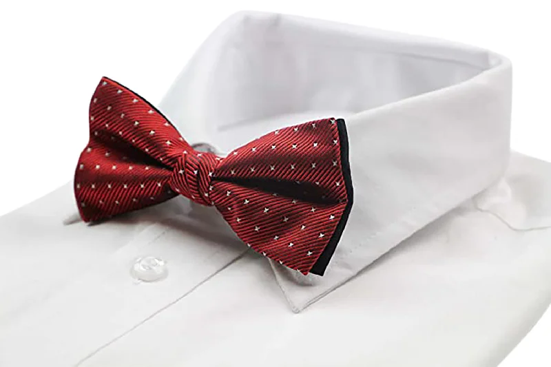 Designer tie for business professionals with chic design-Mens Red, Silver & Black Star Polka Dot Patterned Bow Tie