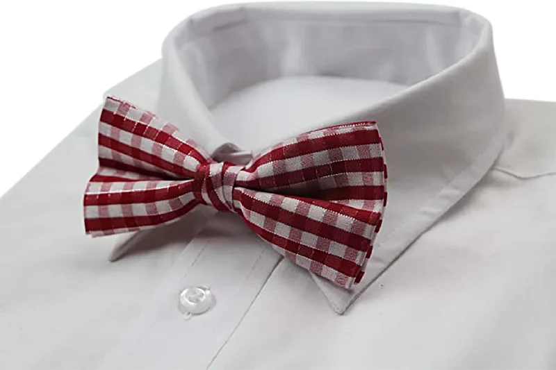 Men's tie with a modern checkered pattern for office-Mens Red, White & Pink Plaid Patterned Tinsel Bow Tie