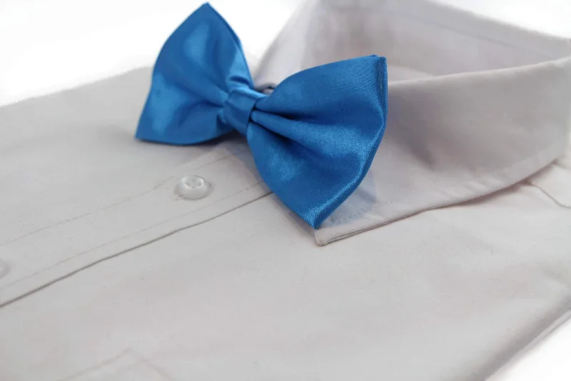 Classic men's tie with thin stripes for business wear-Mens Santorini Blue Solid Plain Colour Bow Tie