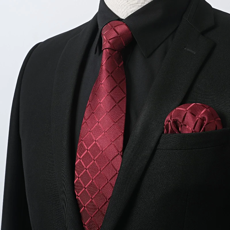 Men's tie for casual business attire-Men's Shirt with Tie Handkerchief Set - 01-BLACK/RED