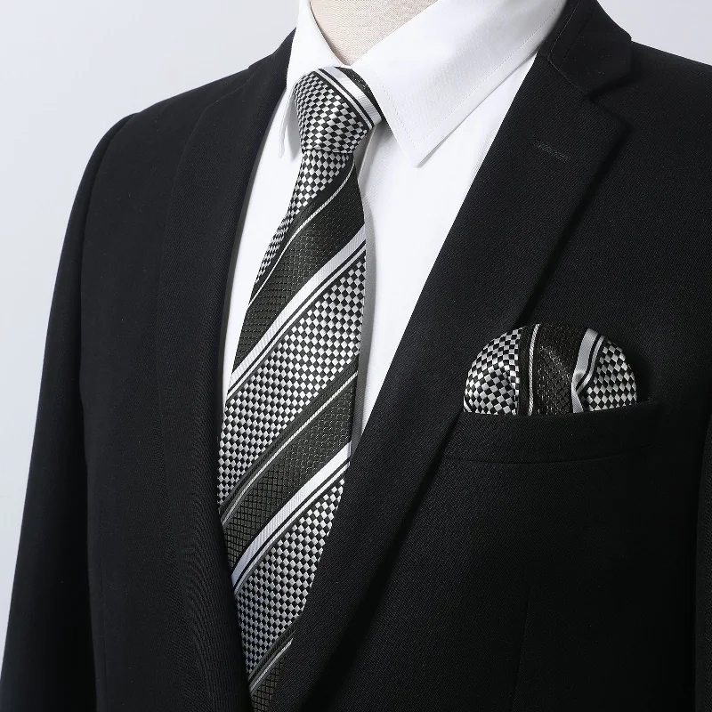 Elegant silk tie for men with smooth texture-Men's Shirt with Tie Handkerchief Set - 02-WHITE/BLACK