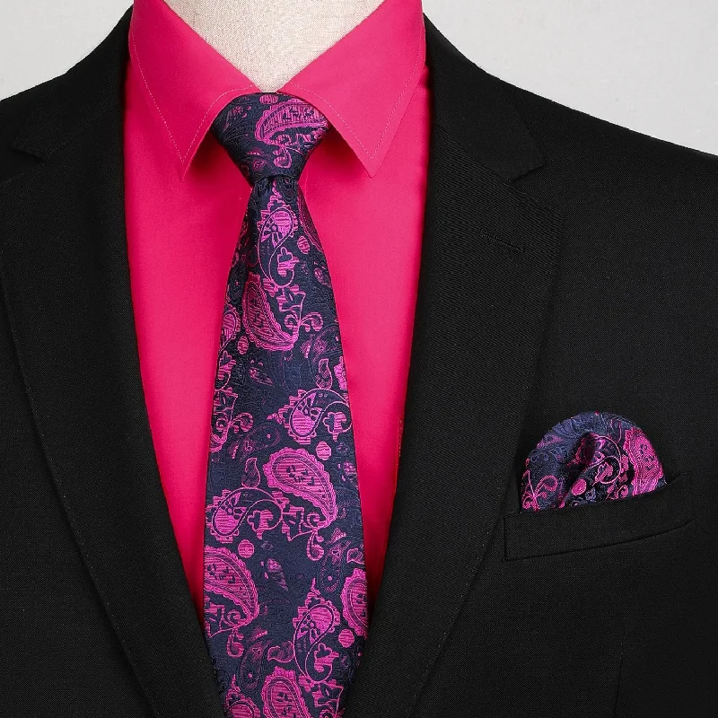 Best silk tie for professional meetings-Men's Shirt with Tie Handkerchief Set - 05-HOT PINK