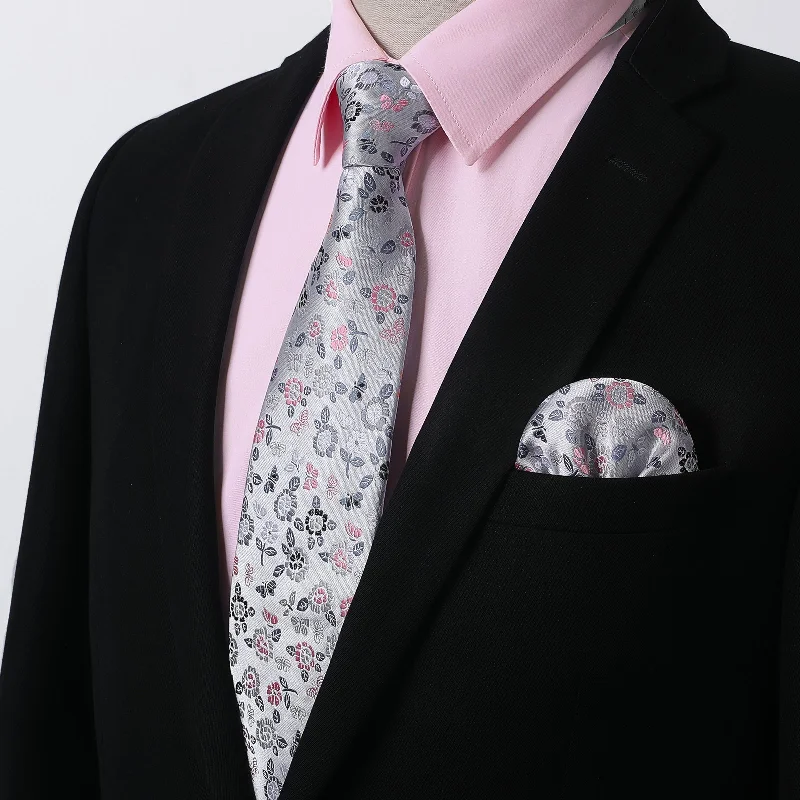 Designer silk tie for a wedding reception-Men's Shirt with Tie Handkerchief Set - 05-PINK/FLORAL