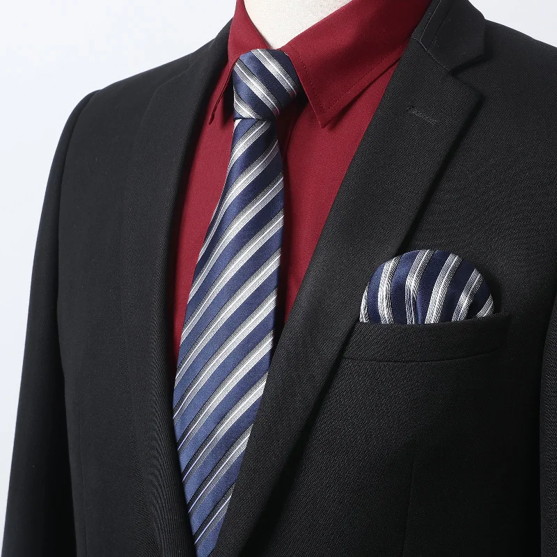 Men's tie for high-end office meetings-Men's Shirt with Tie Handkerchief Set - 06-DARK RED/NAVY