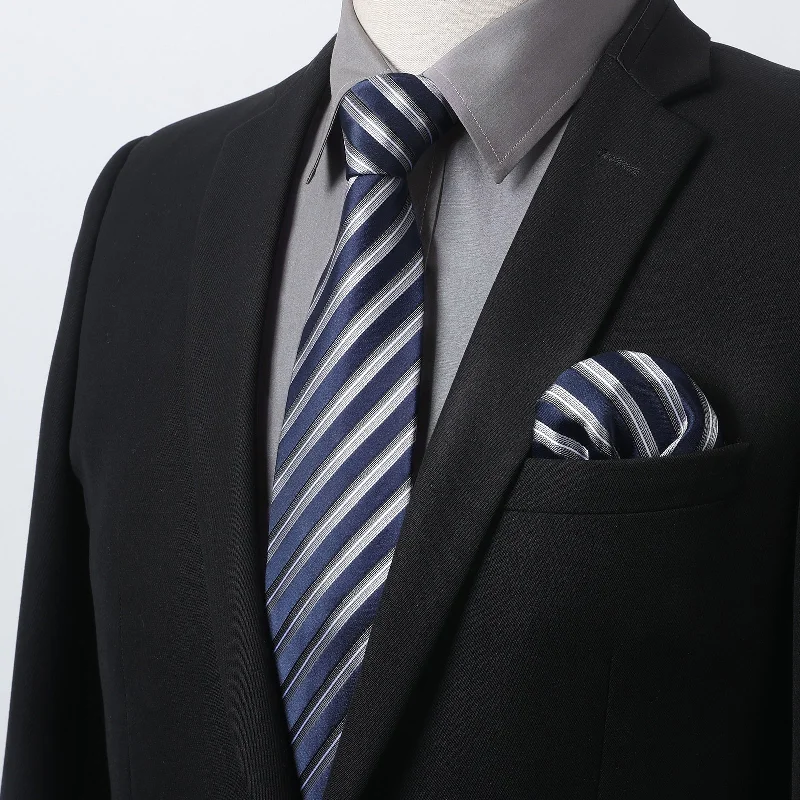 Stylish men's tie with classic pinstripes-Men's Shirt with Tie Handkerchief Set - 07-GREY/NAVY