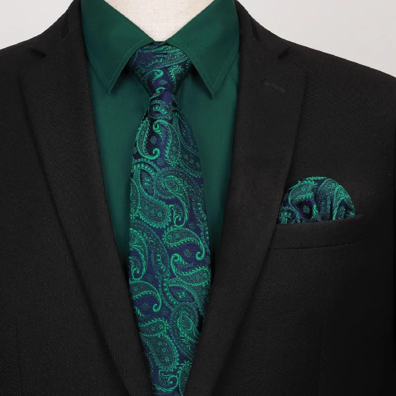 Men's tie with bold patterns for weddings-Men's Shirt with Tie Handkerchief Set - 08-GREEN 3