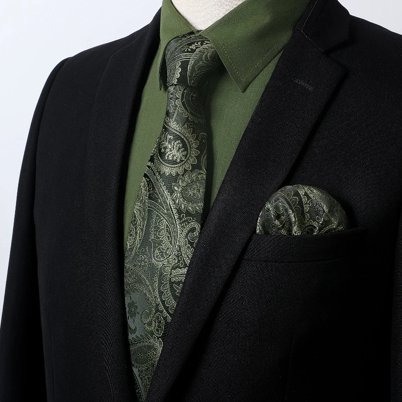 Best men's tie for business luncheons-Men's Shirt with Tie Handkerchief Set - 08-GREEN