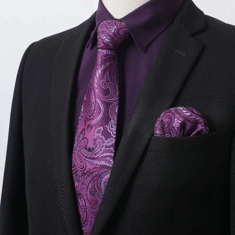 Men's tie with smooth silk texture for office wear-Men's Shirt with Tie Handkerchief Set - 09-PURPLE