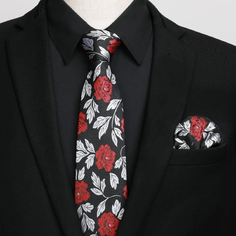 Best tie for men with modern, minimalistic style-Men's Shirt with Tie Handkerchief Set - BLACK/FLORAL