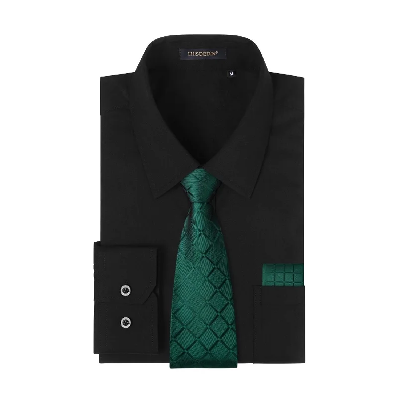 Men's tie with subtle patterns for smart-casual look-Men's Shirt with Tie Handkerchief Set - BLACK/GREEN