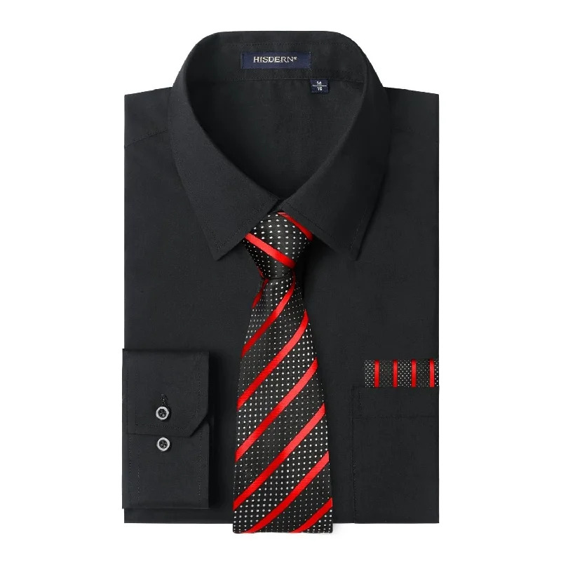 Men's tie with stylish polka dots for casual wear-Men's Shirt with Tie Handkerchief Set - BLACK/RED