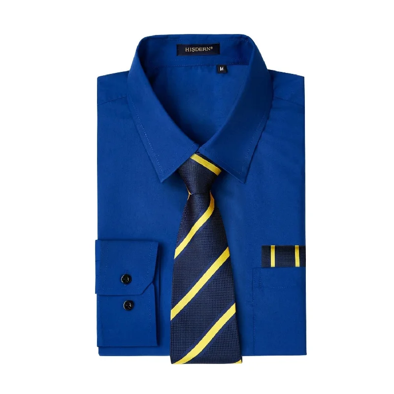 Elegant men's tie with intricate woven design-Men's Shirt with Tie Handkerchief Set - BLUE ROYAL