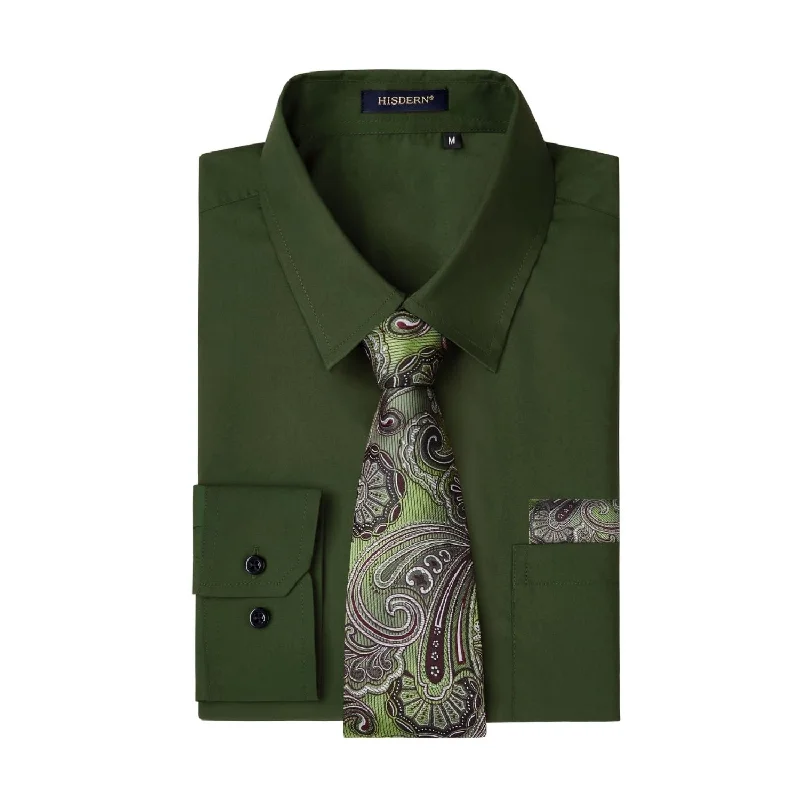 Men's tie for a formal dinner with subtle patterns-Men's Shirt with Tie Handkerchief Set - GREEN ARMY