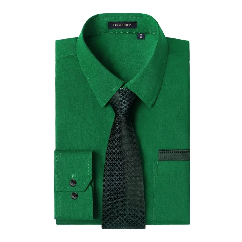 Luxury men's tie for a classic business look-Men's Shirt with Tie Handkerchief Set - GREEN/BLACK