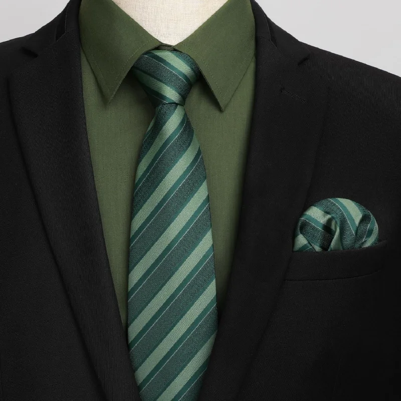 Classic men's tie for sophisticated gatherings with subtle patterns-Men's Shirt with Tie Handkerchief Set - GREEN/STRIPED