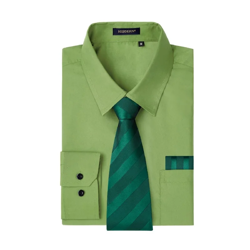 Classic men's tie with simple color patterns for office wear-Men's Shirt with Tie Handkerchief Set - GREEN