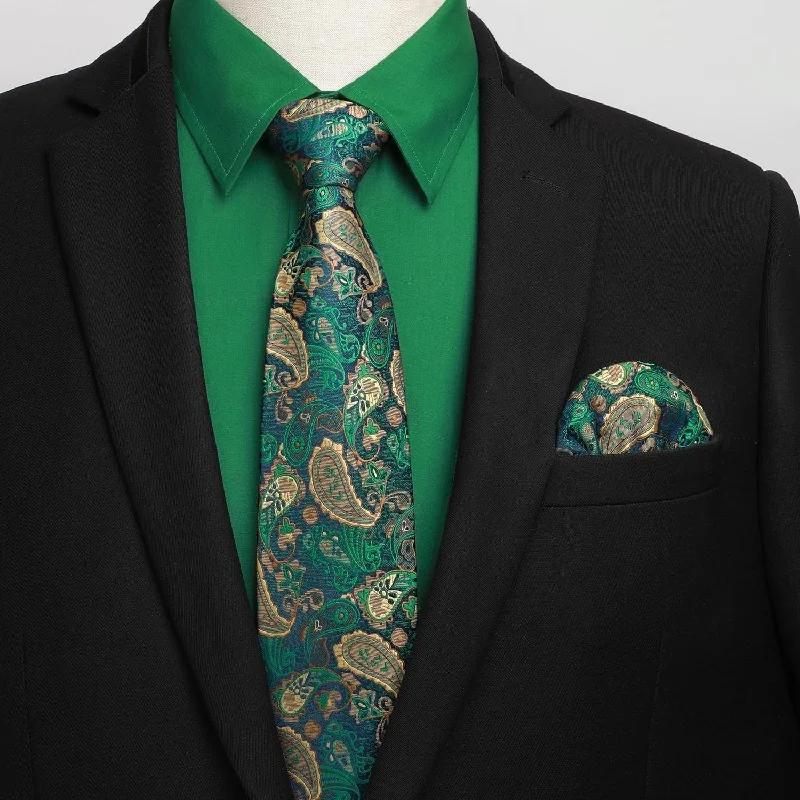 Designer men's tie with minimalistic print for high-end wear-Men's Shirt with Tie Handkerchief Set - GREEN2/PAISLEY