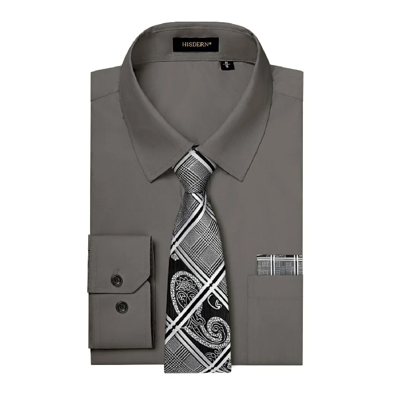 Designer men's tie for upscale dinner events-Men's Shirt with Tie Handkerchief Set - GREY