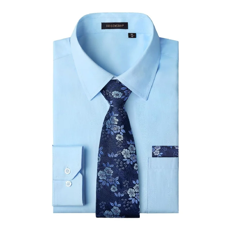 Classic men's tie with deep blue tone for formal wear-Men's Shirt with Tie Handkerchief Set - LIGHT BLUE/BLUE