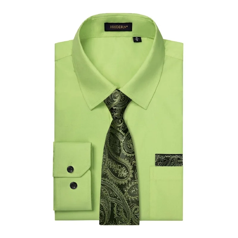 Men's tie with modern striped design for office wear-Men's Shirt with Tie Handkerchief Set - LIGHT GREEN/BLACK