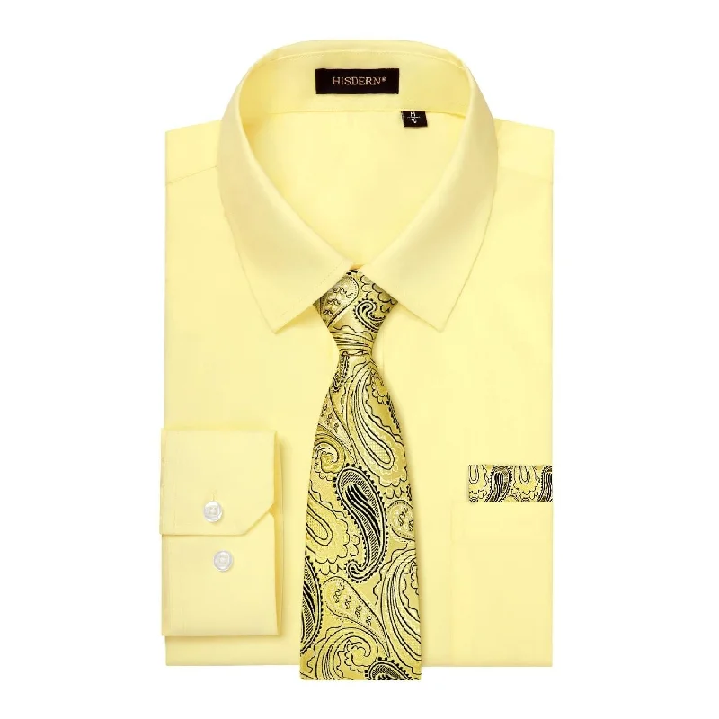 Trendy men's tie with minimalist print for work events-Men's Shirt with Tie Handkerchief Set - LIGHT YELLOW/GOLD