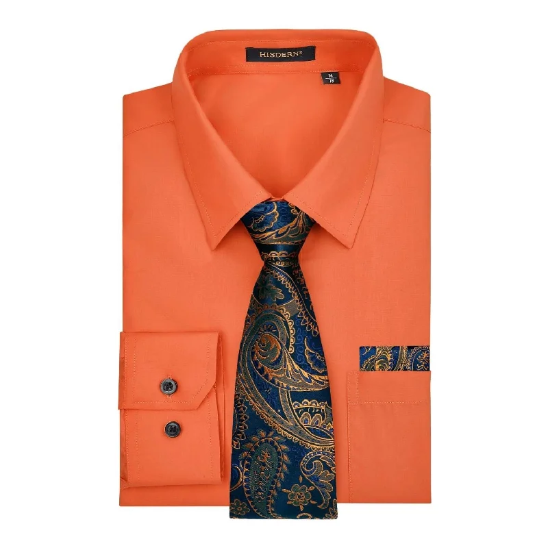 Men's tie for evening office meetings with sharp edges-Men's Shirt with Tie Handkerchief Set - ORANGE/BLACK