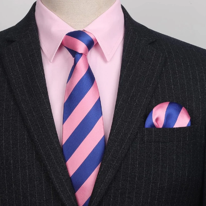 Trendy men's tie with diagonal stripes-Men's Shirt with Tie Handkerchief Set - PINK-3