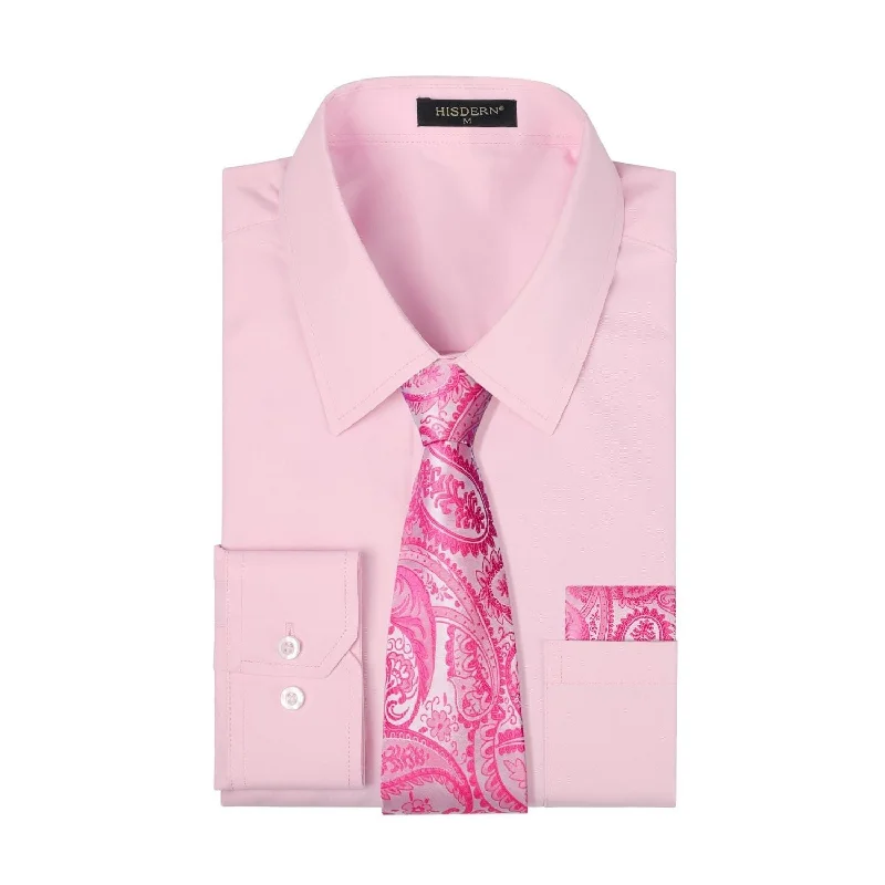 Men's tie with diagonal stripes for an elegant office appearance-Men's Shirt with Tie Handkerchief Set - PINK