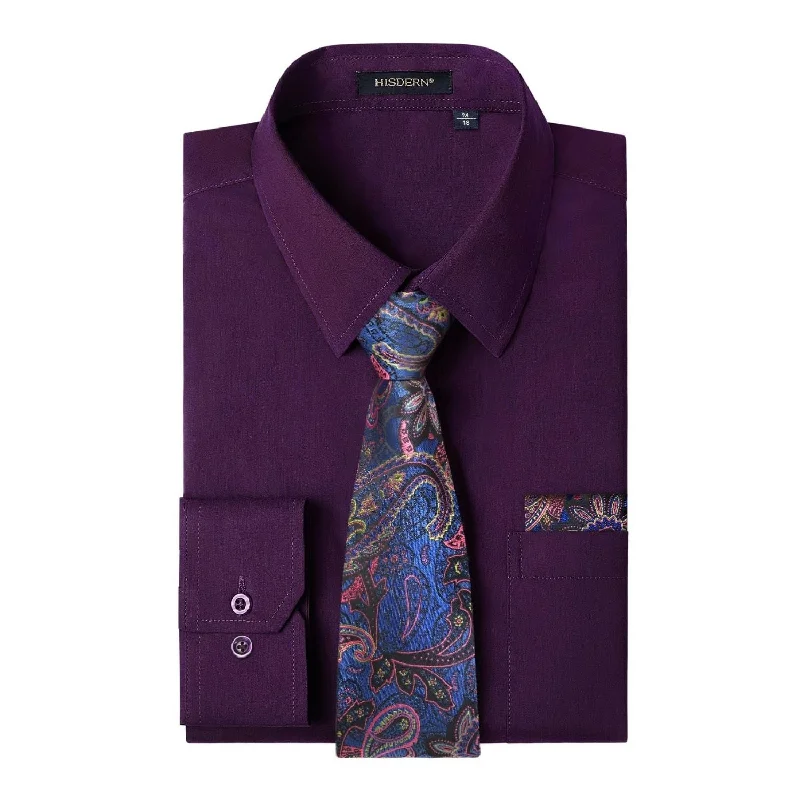 Classic men's tie for professional and formal attire-Men's Shirt with Tie Handkerchief Set - PURPLE/BLUE TIE