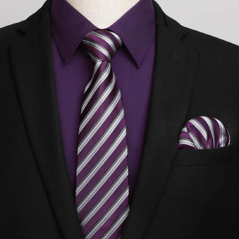 Men's tie for elegant outdoor events with floral patterns-Men's Shirt with Tie Handkerchief Set - PURPLE/STRIEPD