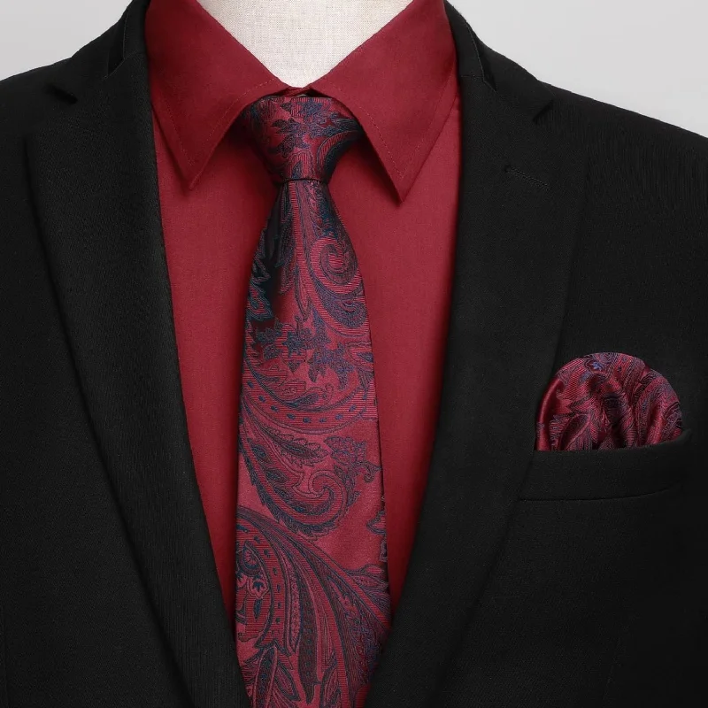 Men's tie for professional look with geometric designs-Men's Shirt with Tie Handkerchief Set - RED/PAISLEY