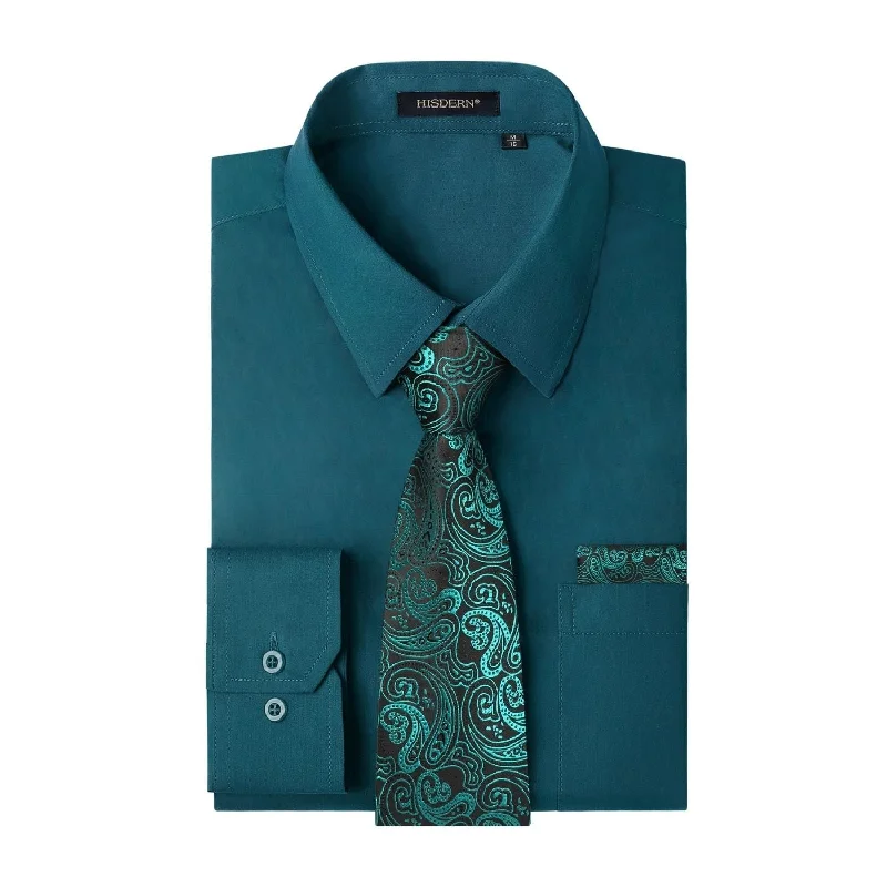 Men's tie with bold stripes for casual office wear-Men's Shirt with Tie Handkerchief Set - TEAL/PAISLEY