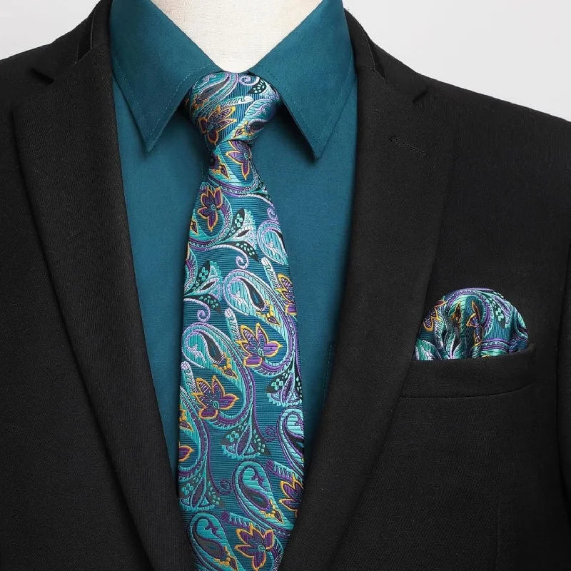 Men's tie for professional dinner events with smooth finish-Men's Shirt with Tie Handkerchief Set - TEAL