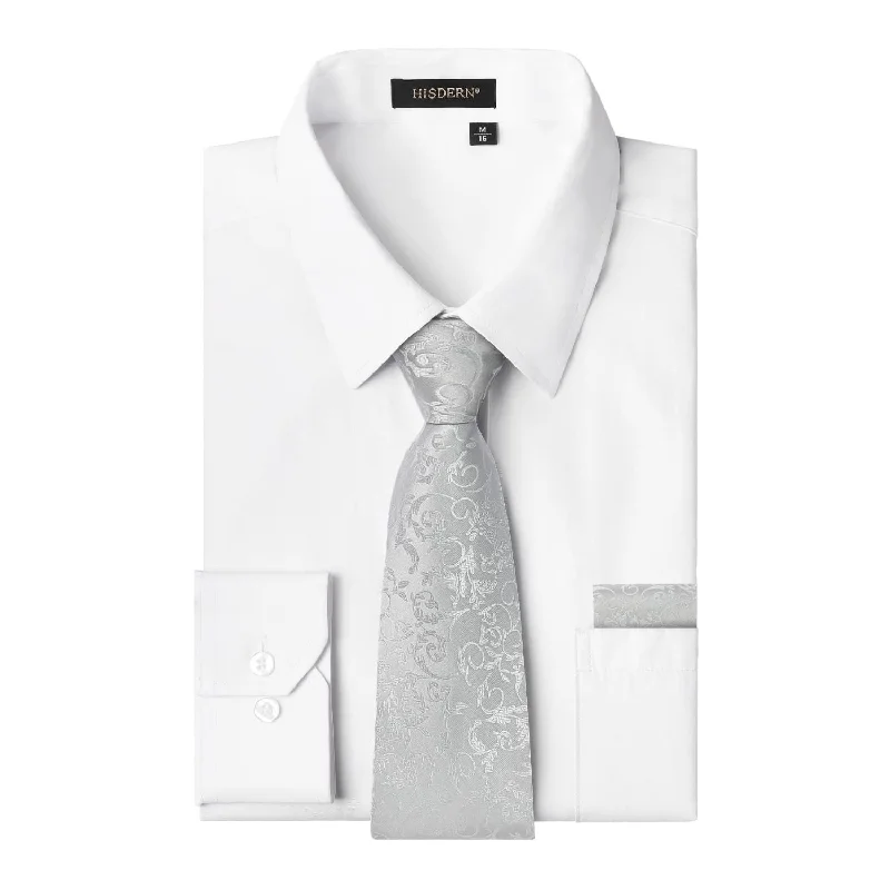 Men's tie for luxury dinners with contemporary design-Men's Shirt with Tie Handkerchief Set - WHITE/SILVER TIE