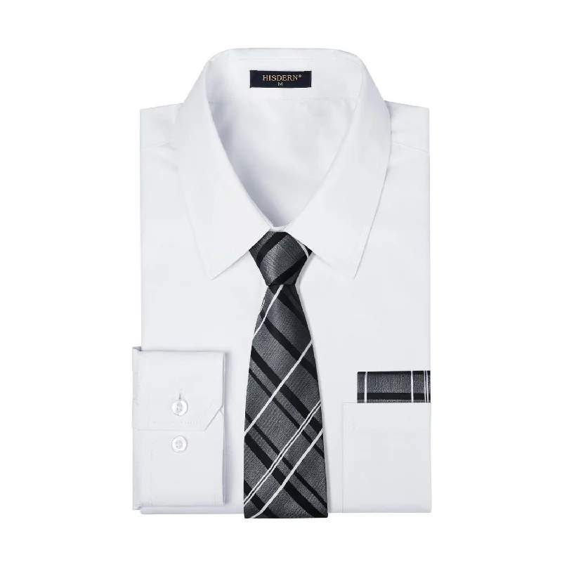 Men's tie with geometric texture for modern business meetings-Men's Shirt with Tie Handkerchief Set - WHITE