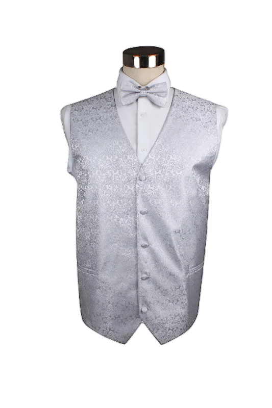 Men's tie for business attire with bold hues-Mens Silver Paisley Patterned Vest Waistcoat & Matching Bow Tie