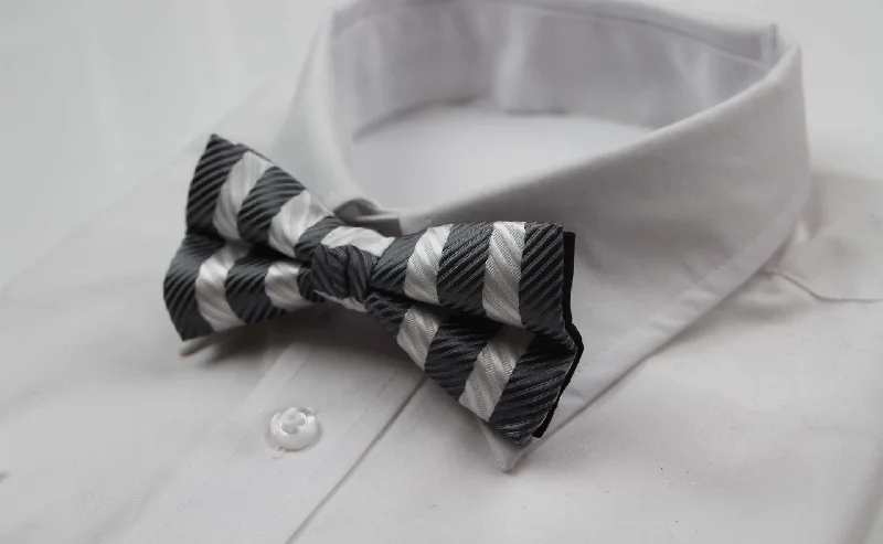 Men's tie with vibrant floral accents for formal gatherings-Mens White & Dark Grey Thick Stripe Patterned Bow Tie