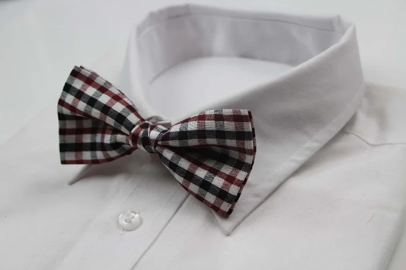 Men's tie for holiday dinners with bold color contrasts-Mens White, Dark Red & Black Checkered Cotton Bow Tie