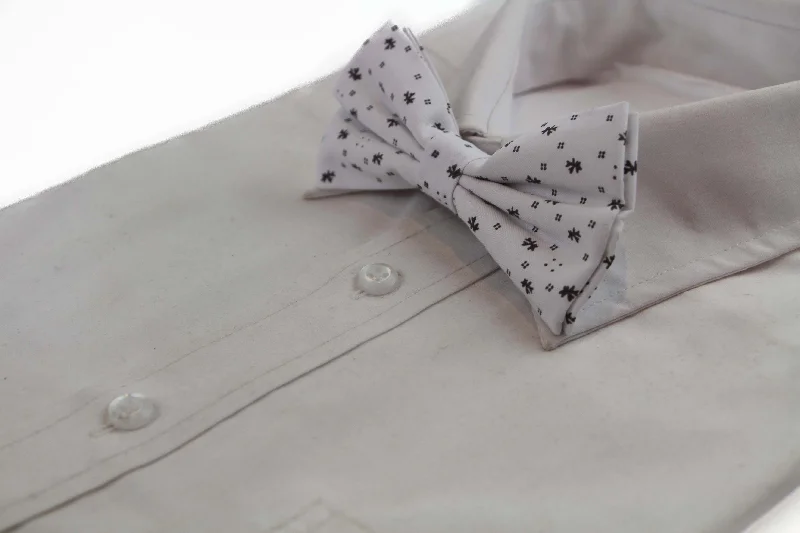 Luxury men's tie for formal business functions-Mens White Preppy Leaf & Dots Patterned Cotton Bow Tie