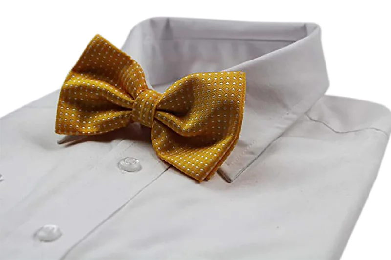 Men's tie with rich fabric for corporate functions-Mens Yellow Plain Coloured Bow Tie With White Polka Dots