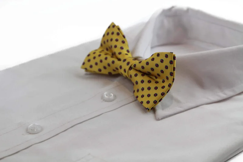 Men's tie for holiday parties with bold colors-Mens Yellow, Red & Navy Flower Pattern Bow Tie