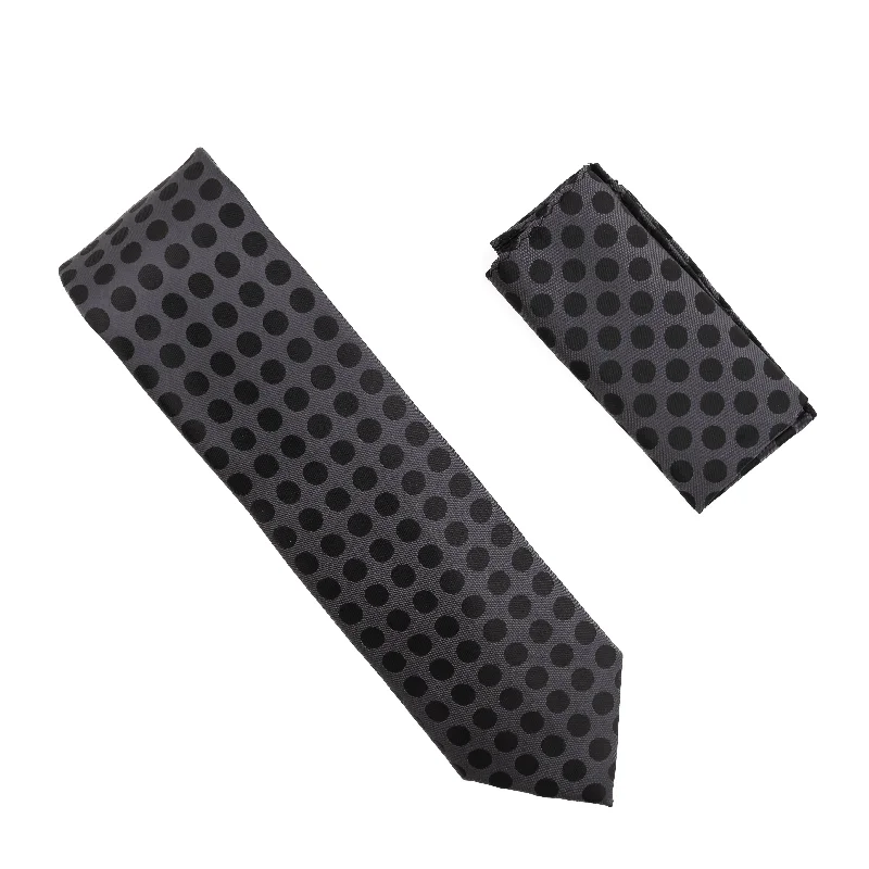 Best men's tie for a corporate wedding event-Metal Black with Jet Black Polka Dots Silk Tie with Matching Pocket Square