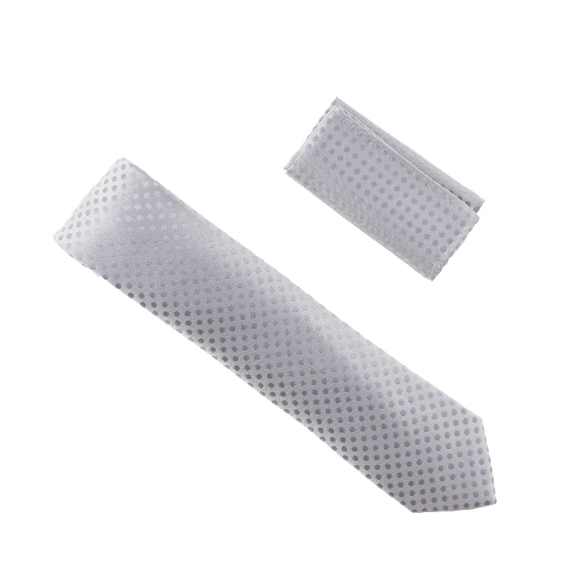 Classic men's tie for business events with sleek design-Metallic Silver With Silver Dotted Designed Silk Tie with Matching Pocket Square LTD-875