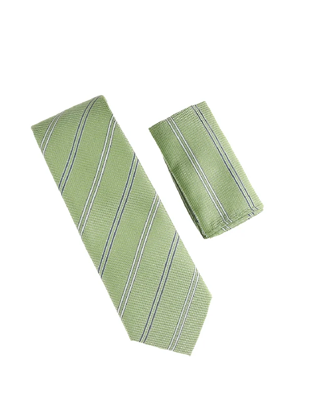 Best men's tie for upscale family celebrations-Mint Green with Navy & Silver Stripe Designed Tie with Matching Pocket Square WTH-992