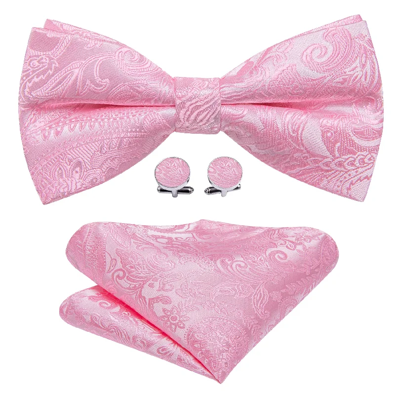 Men's tie with smooth fabric for elegant affairs-Mist Pink Paisley Pre-tied Bow Tie Hanky Cufflinks Set