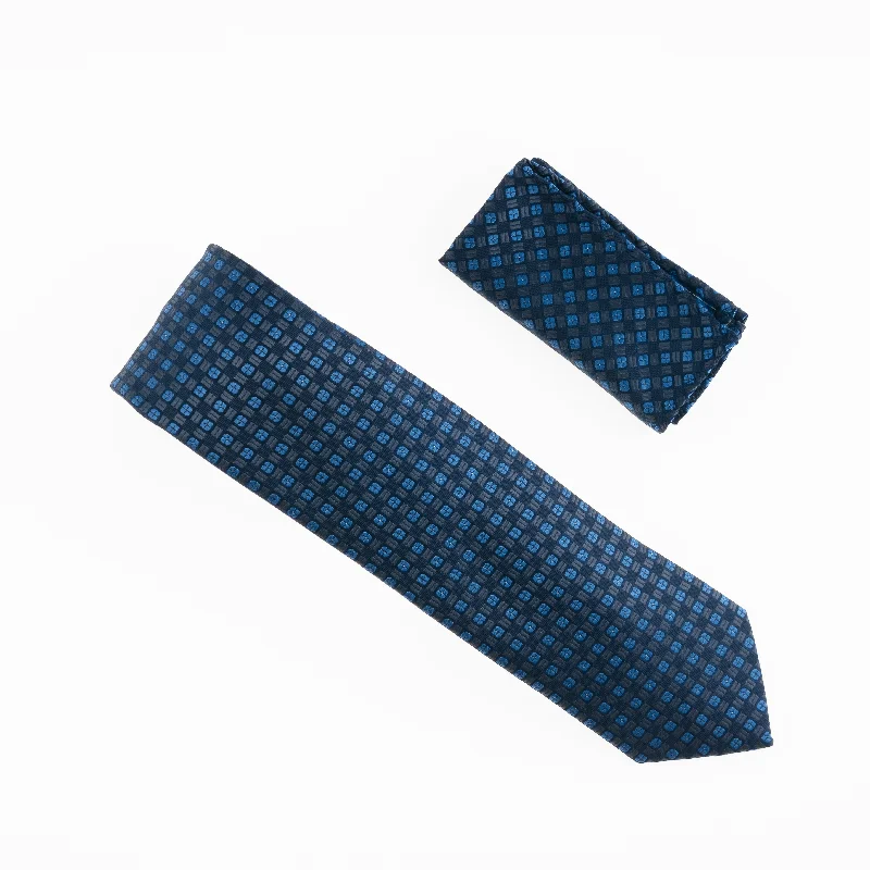 Elegant men's tie with textured finish for parties-Navy, Blue and Blue Grey Designed Extra Long Necktie Tie with Matching Pocket Square