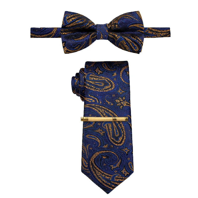 Stylish men's tie for a chic office look-YourTies Navy Blue Golden Paisley Bowtie Necktie Golden Tie Clip Set