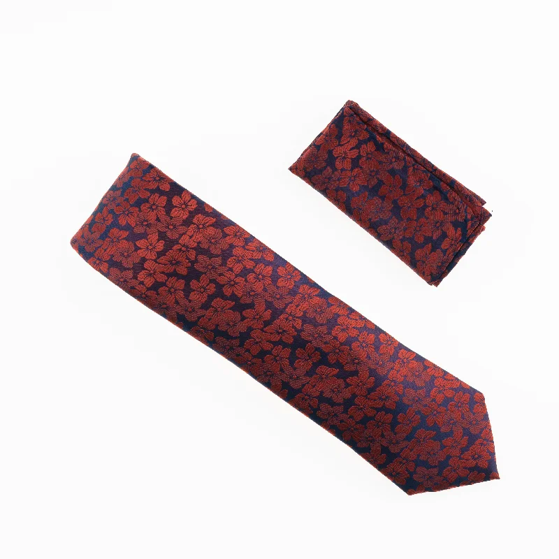 Men's tie for a stylish corporate appearance with sharp design-Navy & Burgundy Floral Designed Extra Long Necktie Tie with Matching Pocket Square