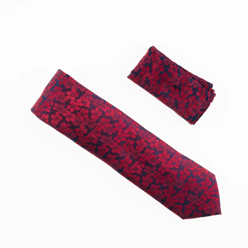 Classic men's tie with rich tones for formal gatherings-Navy & Red Floral Designed Extra Long Necktie Tie with Matching Pocket Square